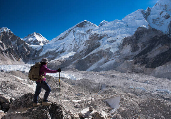 trekker trek on everest base camp 3 pass on Lobuche to Gokyo ,Nepal on winter